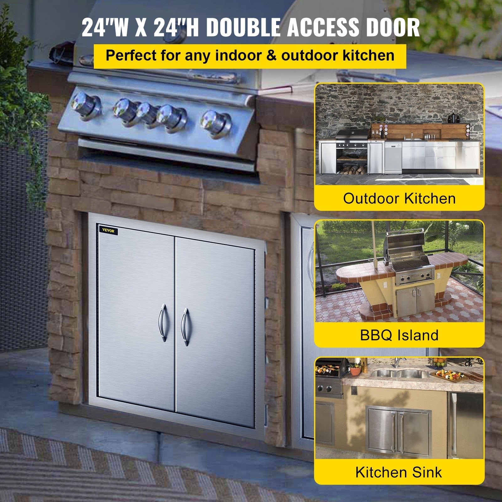 VEVOR BBQ Access Door 24W x 24H Inch, Grill Door Double Door Brushed Stainless Steel, Outdoor Kitchen Doors for BBQ Island Grilling Station 