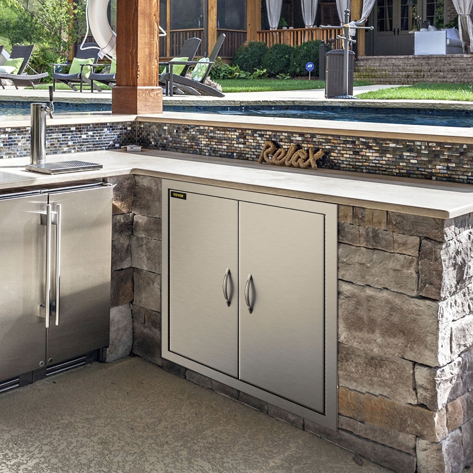 VEVOR BBQ Access Door 24W x 24H Inch, Grill Door Double Door Brushed Stainless Steel, Outdoor Kitchen Doors for BBQ Island Grilling Station 