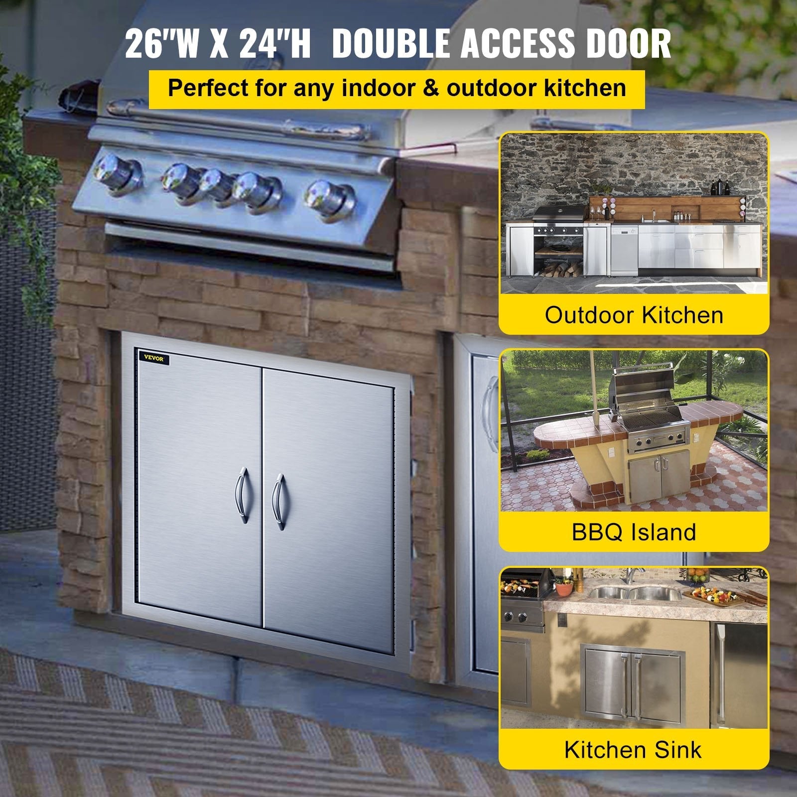 VEVOR Outdoor Kitchen Access 26\"x 24\" Wall Construction Stainless Steel Flush Mount for BBQ Island, 26inch x 24inch, Double Door 