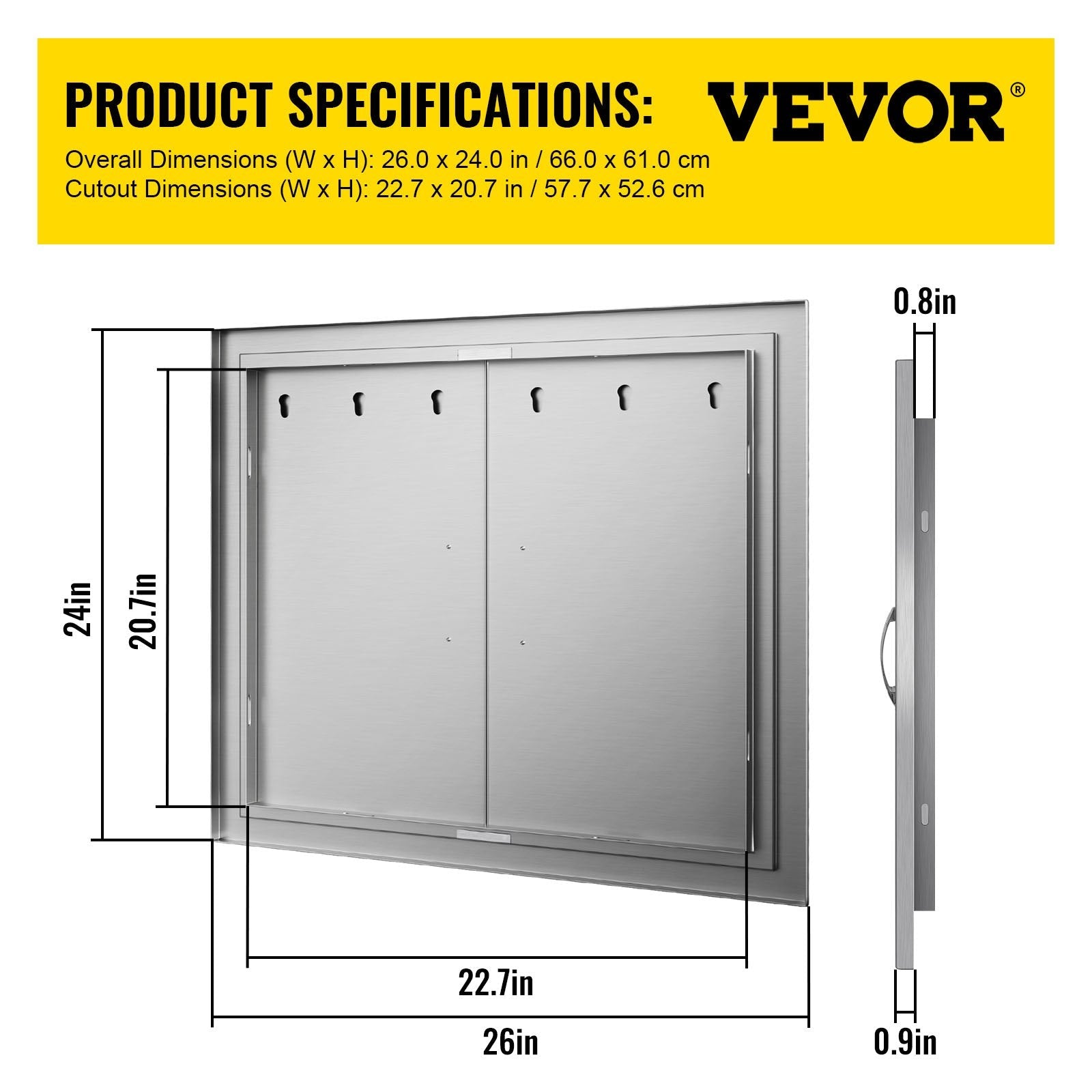 VEVOR Outdoor Kitchen Access 26\"x 24\" Wall Construction Stainless Steel Flush Mount for BBQ Island, 26inch x 24inch, Double Door 