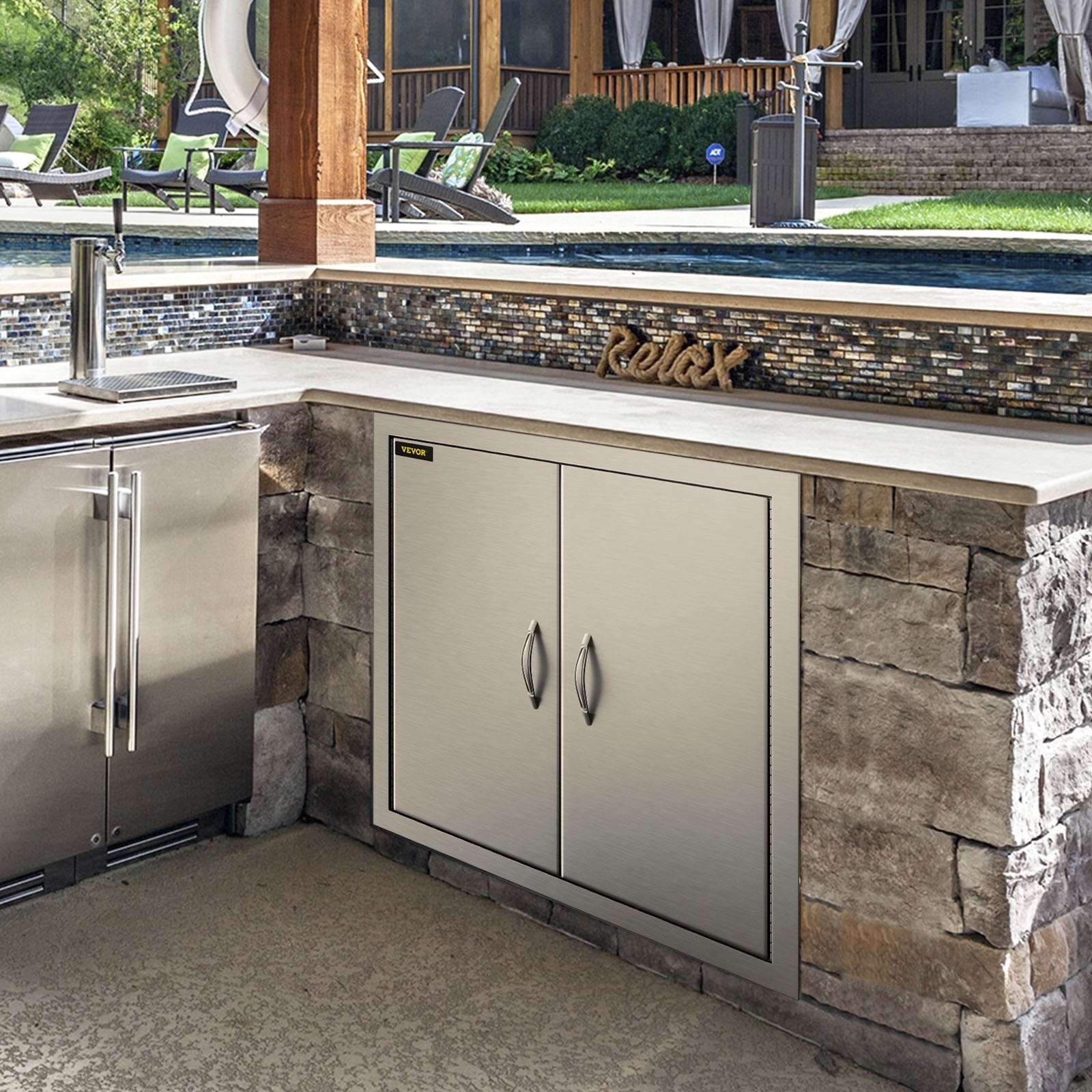 VEVOR Outdoor Kitchen Access 26\"x 24\" Wall Construction Stainless Steel Flush Mount for BBQ Island, 26inch x 24inch, Double Door 