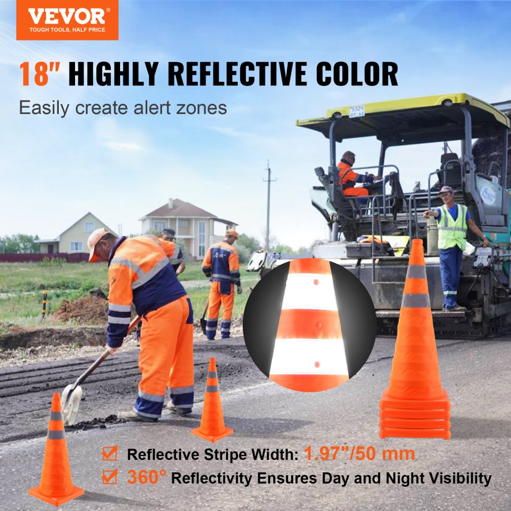 VEVOR Safety Cones, 4 Pack 28 inch Collapsible Traffic Cones, Construction Cones with Reflective Collars, Wide Base and A Storage Bag, for Traffic Control, Driving Training, Parking Lots 