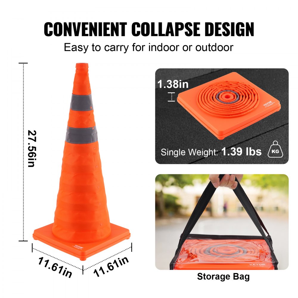 VEVOR Safety Cones, 4 Pack 28 inch Collapsible Traffic Cones, Construction Cones with Reflective Collars, Wide Base and A Storage Bag, for Traffic Control, Driving Training, Parking Lots 