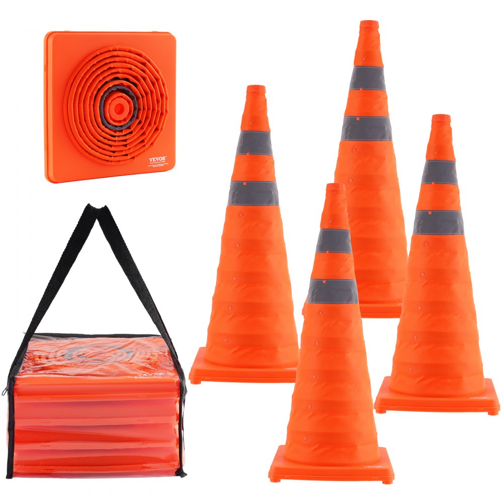 VEVOR Safety Cones, 4 Pack 28 inch Collapsible Traffic Cones, Construction Cones with Reflective Collars, Wide Base and A Storage Bag, for Traffic Control, Driving Training, Parking Lots 