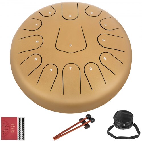 VEVOR Steel Drum 13 Notes Percussion Instrument 12 Inches Tongue Drum, Steel Tongue Drum, Steel Drums Instruments With Bag, Book, Mallets, Mallet Bracket, Hang Pan Drum Instrument, Golden