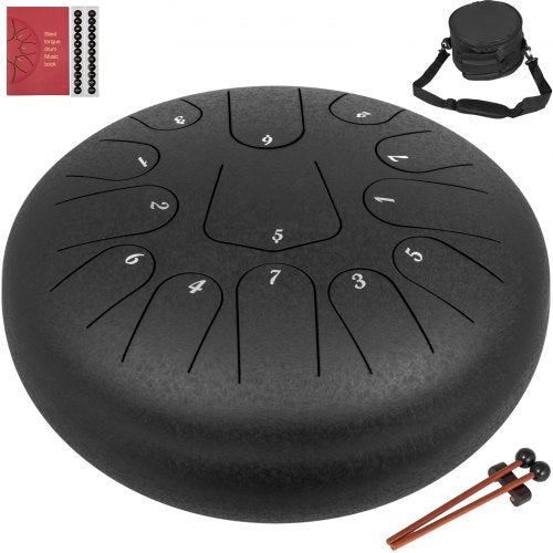 VEVOR Steel Drum, 13 Notes Percussion Instrument, 12 Inches Tongue Drum, Steel Tongue Drum, Steel Drums Instruments With Bag, Book, Mallets, Mallet Bracket, Hang Pan Drum Instrument, Black