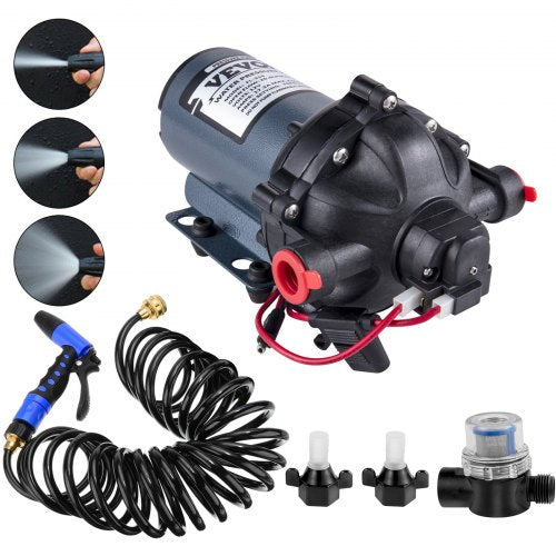 VEVOR RV Water Pump 5.3 GPM 5.5 Gallons Per Minute 12V Water Pump Automatic 70 PSI Diaphragm Pump with 25 Foot Coiled Hose Washdown Pumps for Boats Caravan Rv Marine Yacht