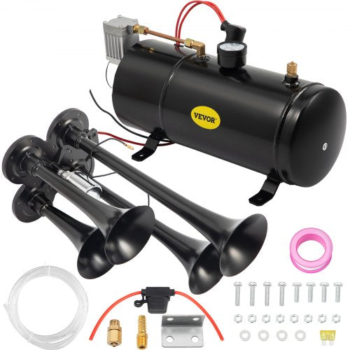 VEVOR 150DB Train Horns Kit for Trucks Super Loud with 120 PSI 12V Air Compressor 4 Trumpet Air Horn Compressor Tank For Any Vehicle Trucks Car Jeep Or SUV (Black)