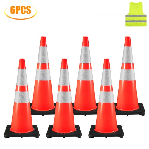 VEVOR 6Pack 36\" Traffic Cones, Safety Road Parking Cone with Black Weighted Base, PVC Orange Traffic Safety Cones, Hazard Cones Reflective Collars for Construction Traffic Parking