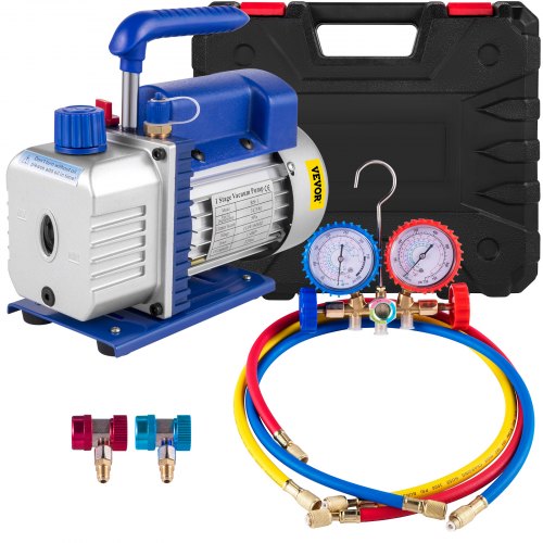 VEVOR 3CFM 1/4HP Single Stage Air Vacuum Pump HVAC R134a R12 R22 R410a A/C Refrigeration Kit AC Manifold Gauge Included Carrying Tote