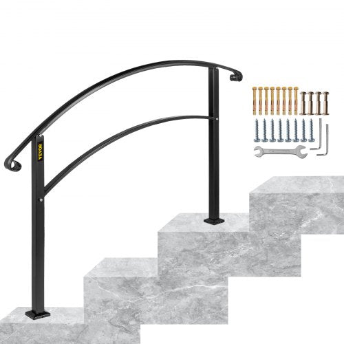 VEVOR Handrails for Outdoor Steps, Fit 1 or 3 Steps Outdoor Stair Railing, Black Wrought Iron Handrail, Flexible Front Porch Hand Rail, Transitional Handrails for Concrete Steps or Wooden Stairs