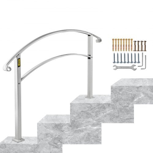 VEVOR Handrails for Outdoor Steps, Fit 1 or 3 Steps Outdoor Stair Railing, White Wrought Iron Handrail, Flexible Front Porch Hand Rail, Transitional Handrails for Concrete Steps or Wooden Stairs