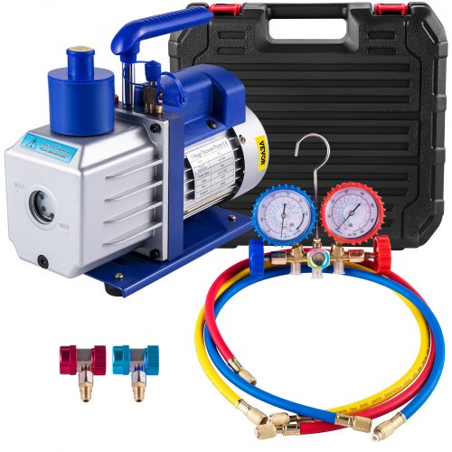 VEVOR Vacuum Pump Kit HVAC Single Stage AC Vacuum Pump 4.8CFM 1/3HP Air Vacuum Pump with 3 Valve A/C Manifold Gauge Set Refrigerant Air Conditioning (4.8CFM1/3HP 3Valve), Blue