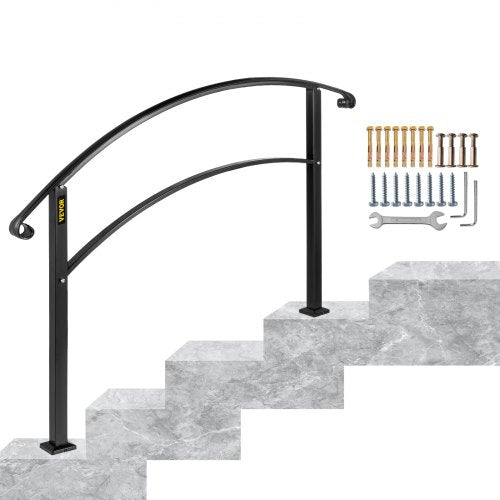 VEVOR 4-Step Handrail Fits 1 or 4 Steps Matte Black Stair Rail Wrought Iron Handrail with Installation Kit Hand Rails for Outdoor Steps