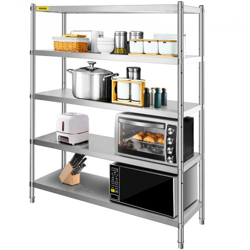 VEVOR Stainless Steel Shelving 60x18.5 Inch 5 Tier Adjustable Shelf Storage Unit Stainless Steel Heavy Duty Shelving for Kitchen Commercial Office Garage Storage 330lb Per Shelf