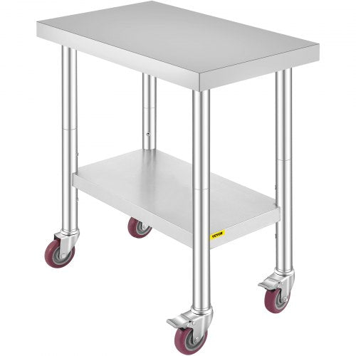 VEVOR 30x18x34 Inch Stainless Steel Work Table 3-Stage Adjustable Shelf with 4 Wheels Heavy Duty Commercial Food Prep Worktable with Brake for Kitchen Prep Work