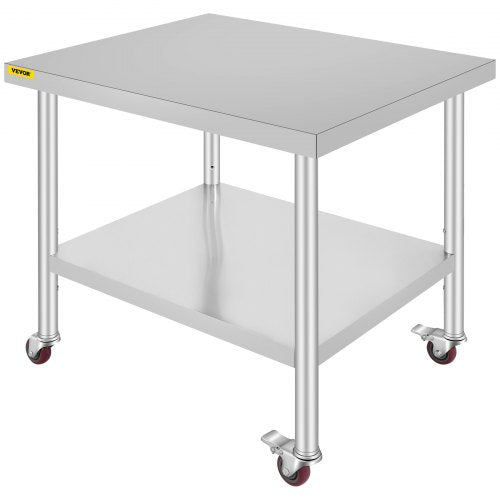 VEVOR 30x36x34 Inch Stainless Steel Work Table 3-Stage Adjustable Shelf with 4 Wheels Heavy Duty Commercial Food Prep Worktable with Brake for Kitchen Prep Work 220 lb Capacity