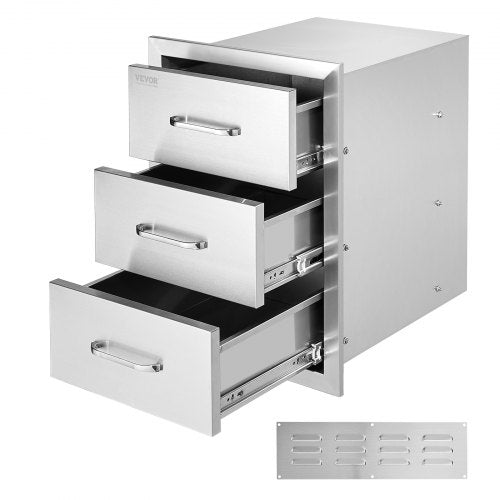 VEVOR Outdoor Kitchen Drawers 16\" W x 21.5\" H x 18\" D, Flush Mount Triple Access BBQ Drawers with Stainless Steel Handle, BBQ Island Drawers for Outdoor Kitchens or BBQ Island Patio Grill Station