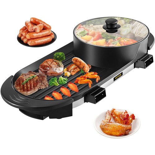 VEVOR 2 in 1 BBQ Pan Grill and Hot Pot with Divider Multifunctional Teppanyaki Grill Pot, Separate Dual Temperature Control Electric BBQ Stove Hot Pot, 5 Speed for Indoor Korean BBQ, Shabu Shabu Black