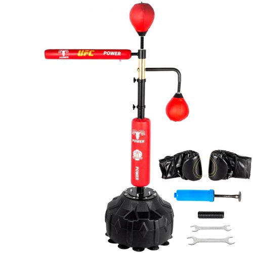 VEVOR Boxing Speed Trainer, Punching Bag Spinning Bar, Training Boxing Ball with Reflex Bar & Gloves, Solid Speed Punching Bag Free Standing, Adjustable Height, for Adult&Kid, Red with Two Ball