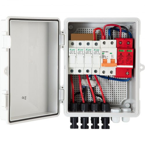 VEVOR PV Combiner Box, 4 String, Solar Combiner Box with 15A Rated Current Fuse, 63A Circuit Breaker, Lightning Arreste and Solar Connector, for On / Off Grid Solar Panel System, IP65 Waterproof