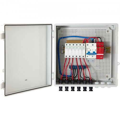 VEVOR PV Combiner Box, 6 String, Solar Combiner Box with 15A Rated Current Fuse, 125A Circuit Breaker, Lightning Arreste and Solar Connector, for On / Off Grid Solar Panel System, IP65 Waterproof