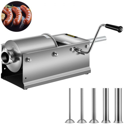 VEVOR Horizontal Sausage Stuffer 3L/ 7Lbs Manual Sausage Maker With 5 Filling Nozzles Sausage Stuffing Machine For Home & Commercial Use Stainless Steel