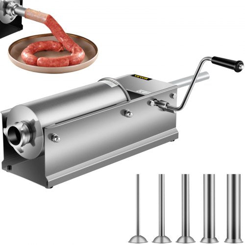 VEVOR Horizontal Sausage Stuffer 5L/11Lbs Manual Sausage Maker With 5 Filling Nozzles Sausage Stuffing Machine For Home & Commercial Use Stainless Steel