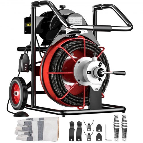 VEVOR 100 Ft x 1/2Inch Drain Cleaner Machine fit 2 Inch (50mm) to 4 Inch(100mm) Pipes 550W Open Drain Cleaning Machine 1700 r/min Electric Drain Auger with Cutters Glove Drain Auger Sewer