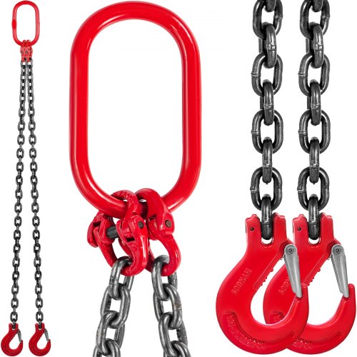 VEVOR Chain Sling 6FT 5/16 x 6 Double Leg with Grab Hooks Sling Chain 3T/6600lbs Capacity Double Leg Chain Sling G80 Mn-Steel, Red