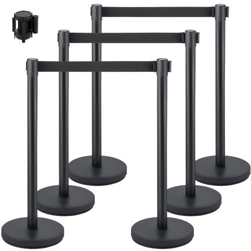 VEVOR Crowd Control Stanchion, Set of 6 Pieces Stanchion Set, Stanchion Set with 6.6 ft/2 m Black Retractable Belt, Black Crowd Control Barrier w/Concrete and Metal Base - Easy Connect Assembly