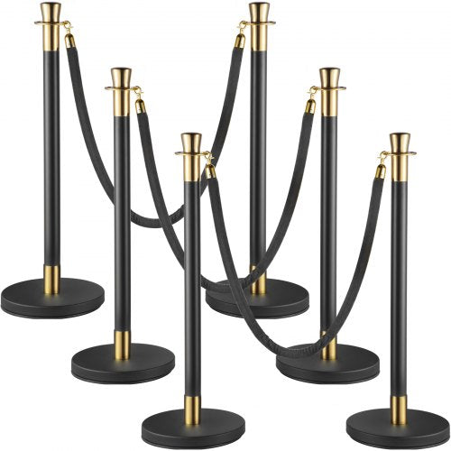 VEVOR Crowd Control Stanchion, Set of 6 Pieces Stanchion Set, Stanchion Set with 5 ft/1.5 m Black Velvet Rope, Black Crowd Control Barrier w/ Sturdy Concrete and Metal Base – Easy Connect Assembly