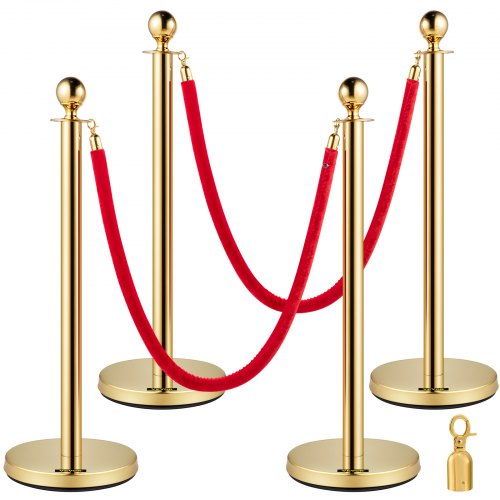 VEVOR 38 Inch Stanchion Posts Queue, Red Velvet Rope (3, Gold)