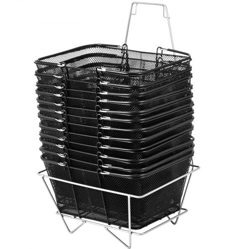 VEVOR 12PCS Shopping Baskets with Handles, Black Metal Shopping Basket, Portable Wire Shopping Basket, Black Wire Mesh shopping Basket Set for Stores Shopping