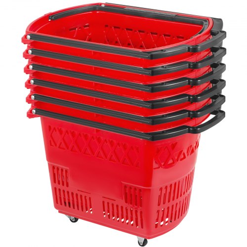 VEVOR 6PCS Shopping Carts, Plastic Rolling Shopping Basket with Wheels, Red Shopping Baskets with Handles, Portable Shopping Basket Set for Retail Store