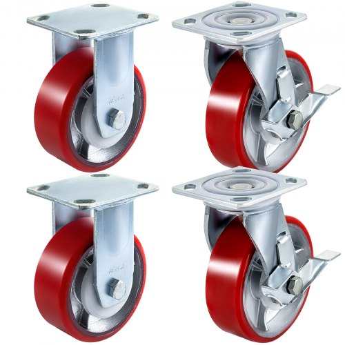 Vevor 4 Pack Swivel Caster Polyurethane 6" X 2" On Steel Wheel 2 Brake 2 Rigid