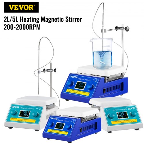 VEVOR Magnetic Stirrer Hot Plate, 200-2000 RPM Digital Hotplate Magnetic Stirrer, 2L Lab Heating Plate Stirrer w/ Support Stand, Max 572°F / 300°C Heating Temperature 500W Heating Power for Lab Mixing