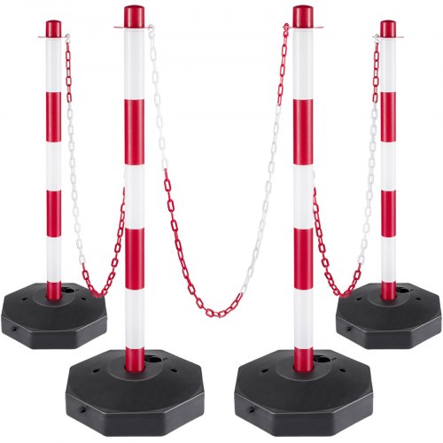 VEVOR Plastic Stanchion, 4pcs Chain Stanchion, Plastic Stanchion Kit w/ 32ft Chain 8 S-Hooks, PE Plastic White Stanchion for Warning/Crowd Control at Parking Lot, Construction Lot, Driveway Elevator