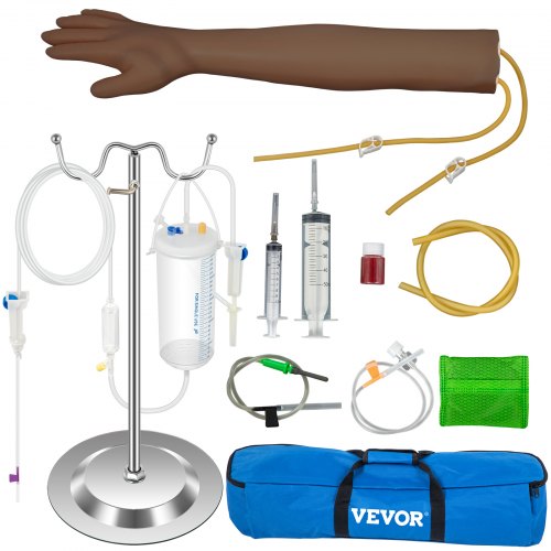 VEVOR Intravenous Practice Arm Kit with Dark Skin Phlebotomy Arm Made of PVC Material Practice Arm for Phlebotomy with Height Adjustable Infusion Stand IV Practice Arm Kit for Venipuncture Practice