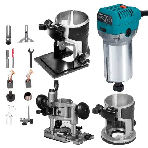 800W Max Torque Variable Speed 30,000RPM Compact Router with Collets 1/4" & 3/8" 1x Plunge Base & 1x Tilt Base 