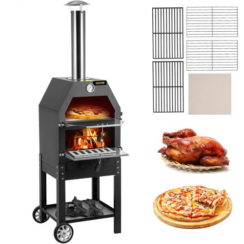 VEVOR Outdoor Pizza Oven, 12\" Wood Fire Oven, 2-Layer Pizza Oven Wood Fired, Wood Burning Outdoor Pizza Oven w/ 2 Removable Wheels, Wood Fired Pizza Maker Ovens w/ 900? Max Temperature for Barbecue