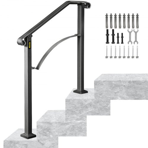 VEVOR Handrail Arch #2 Fits 2 or 3 Steps Matte Black Stair Rail Wrought Iron Handrail Black Transitional Hand railings for Concrete Steps or Wooden Stairs with Installation Kit