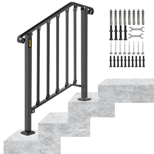 VEVOR Handrail Picket #2 Fits 2 or 3 Steps Matte Black Stair Rail Wrought Iron Handrail Black Transitional Hand railings for Concrete Steps or Wooden Stairs with Installation Kit