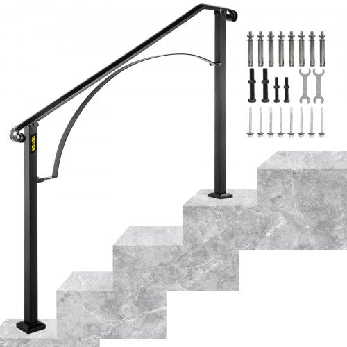 VEVOR Handrails for Outdoor Steps, Fit 3 or 4 Steps Outdoor Stair Railing, Arch#3 Wrought Iron Handrail, Flexible Porch Railing, Black Transitional Handrails for Concrete Steps or Wooden Stairs