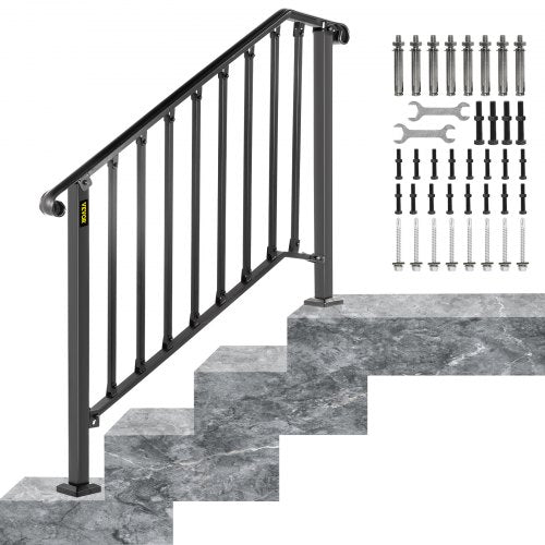 VEVOR Handrails for Outdoor Steps, Fit 3 or 4 Steps Outdoor Stair Railing, Picket#3 Wrought Iron Handrail, Flexible Porch Railing, Black Transitional Handrails for Concrete Steps or Wooden Stairs