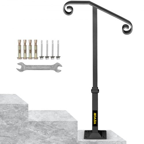 VEVOR Handrails for Outdoor Steps, Fit 1 or 2 Steps Outdoor Stair Railing, Single Post Wrought Iron Handrail, Gray Transitional Porch Railings for Concrete Steps or Wooden Stairs with Base