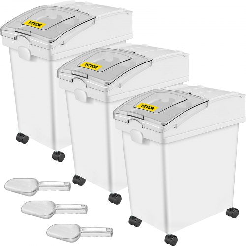 VEVOR Ingredient Bin, 6.6 Gallons Capacity Ingredient Storage Bin, 3 Pcs/Set, PP Material Flour Bins On Wheels, White Shelf Ingredient Bin with Scoop and Sliding Lid, Commercial Storage Bins