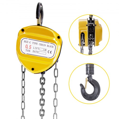 VEVOR Chain Hoist 1100lbs/0.5ton, Chain Block Hoist Manual Chain Hoist 10ft/3m Block Chain Hand Chain Lifting Hoist w/Two Hooks Chain Pulley Tackle Hoist Winch Lifting Pulling Equipment in Yellow