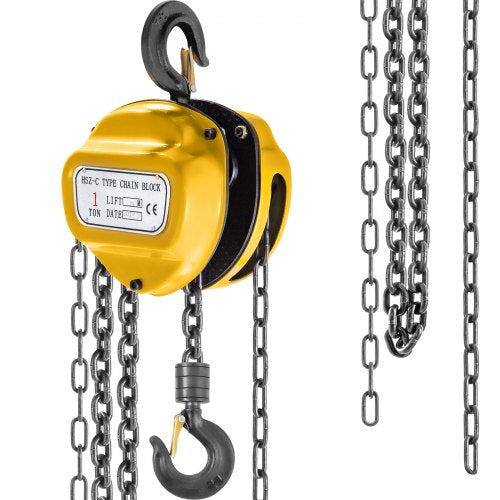 VEVOR Chain Hoist 2200lbs/1ton Chain Block Hoist Manual Chain Hoist 3m/10ft Block Chain Hand Chain Lifting Hoist w/Two Hooks Chain Pulley Tackle Hoist Winch Lifting Pulling Equipment Yellow