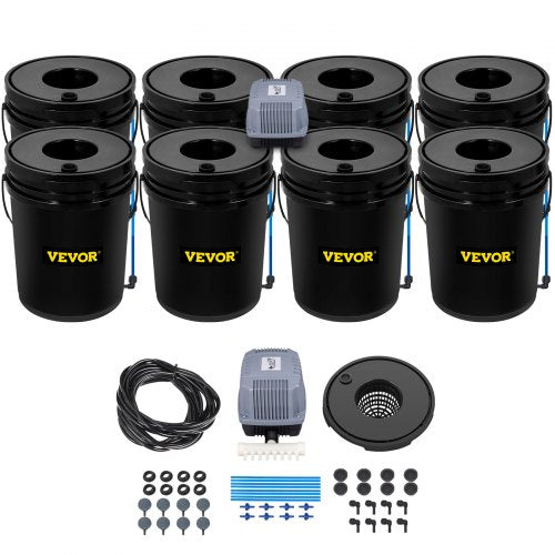 VEVOR DWC Hydroponic System, 5 Gallon 8 Buckets, Deep Water Culture Growing Bucket, Hydroponics Grow Kit with Pump, Air Stone and Water Level Device, for Indoor/Outdoor Leafy Vegetables